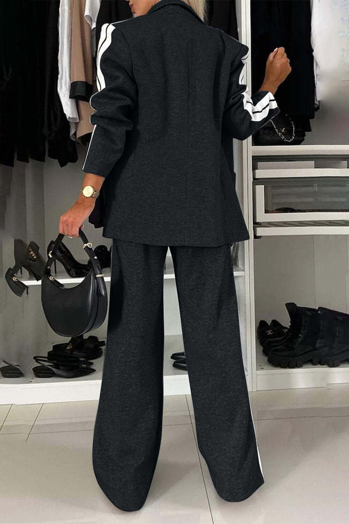 Two-Piece Set: Contrast Lapel Collar Top with Matching Pants
