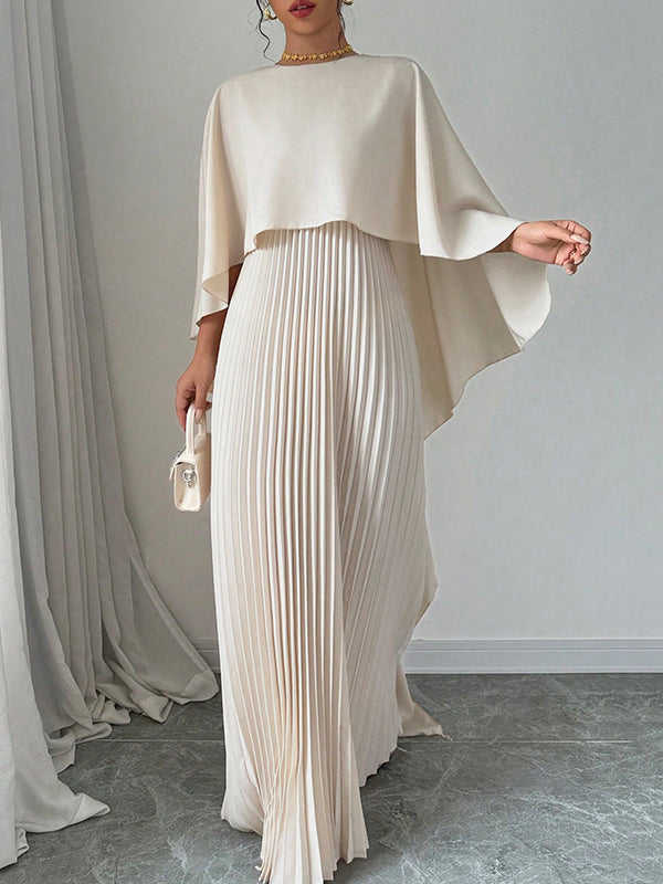 Maxi Evening Dress with Cape, High-Low Pleated Design, Solid Color, and Round Neck