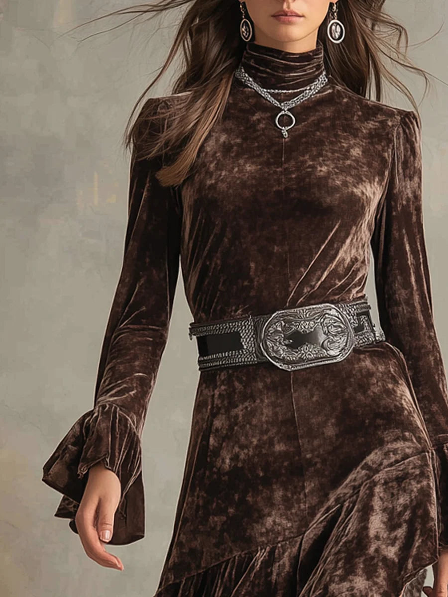 Velvet Midi Dress with High Neck and Long Bell Sleeves