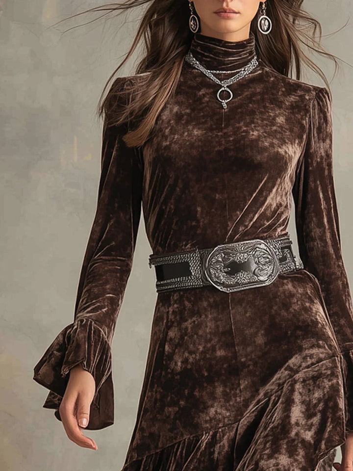 Velvet Midi Dress with High Neck and Long Bell Sleeves