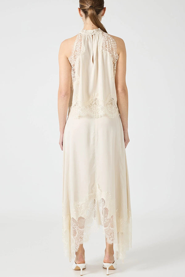 Lace-Trimmed Pleated Collar Top with Asymmetrical Slit Skirt Set