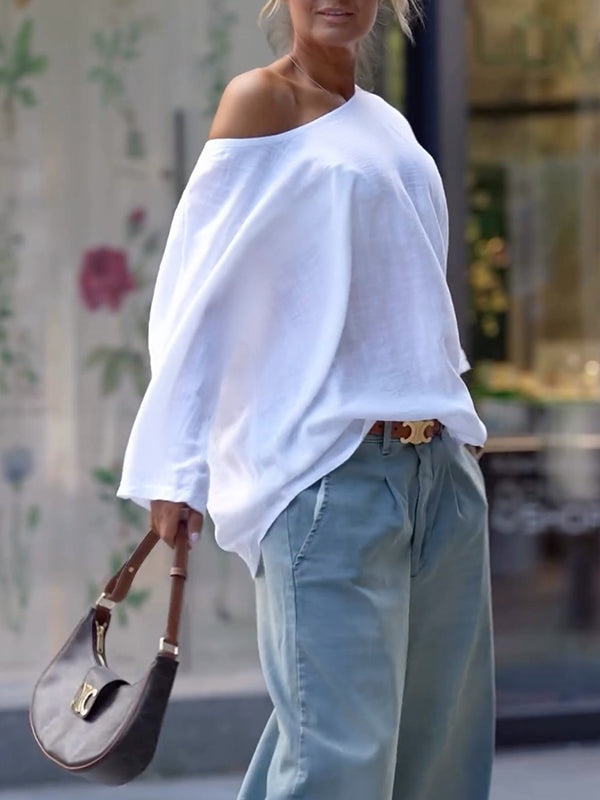 One-Shoulder Long Sleeve Loose Fit Solid Color T-Shirt