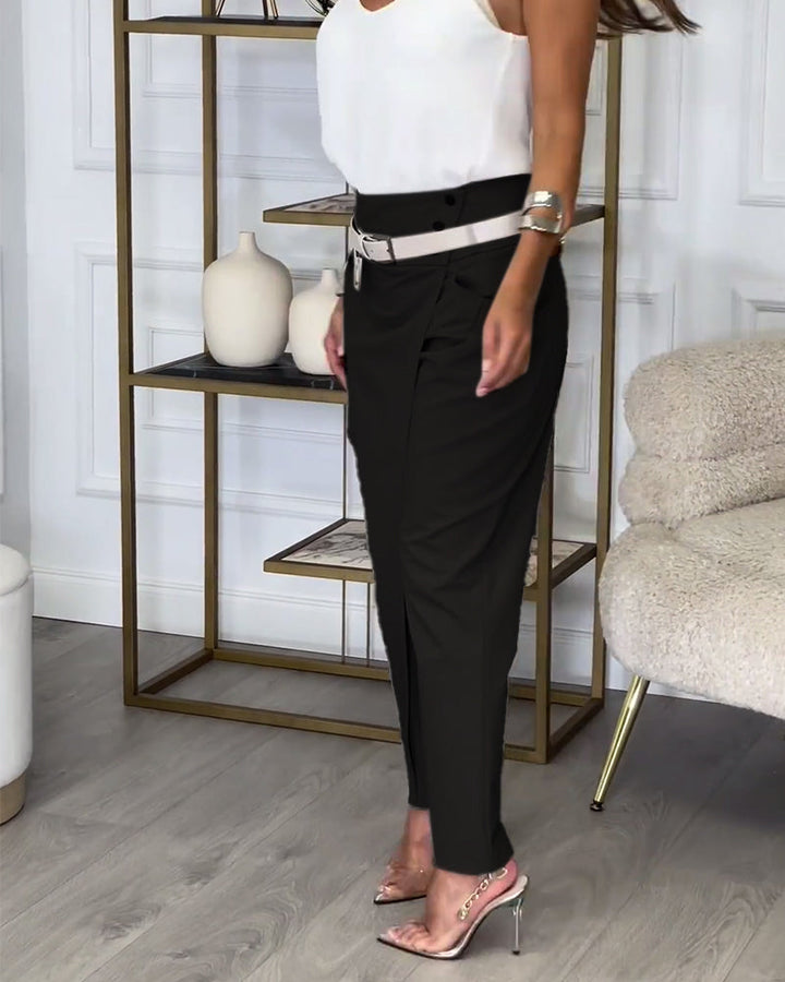 Trendy Solid Color Pants with Unique Patchwork and Pockets