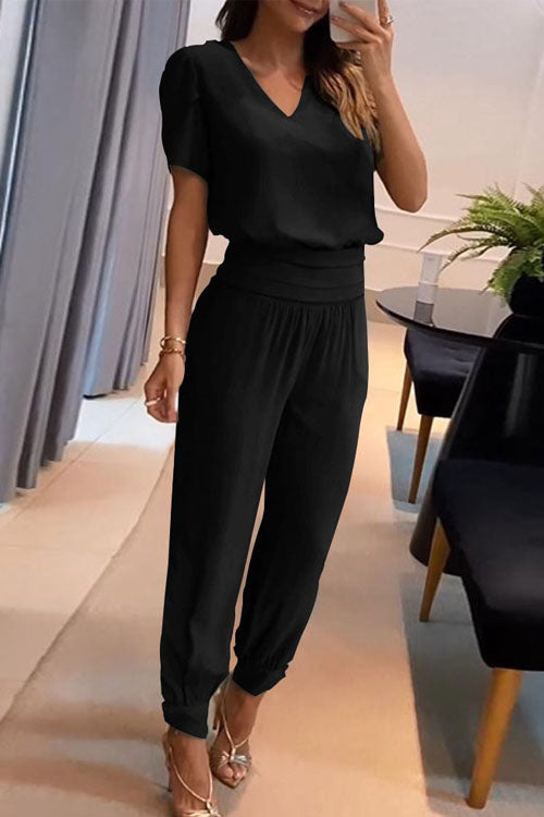 סט שני חלקים עם צווארון V מודפס, חולצה קצרה ומכנסיים ארוכים