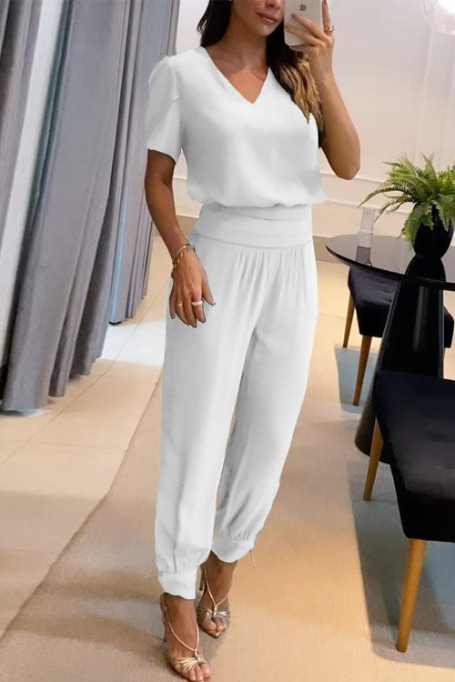 סט שני חלקים עם צווארון V מודפס, חולצה קצרה ומכנסיים ארוכים