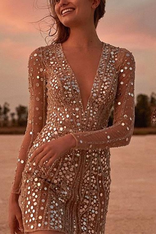 Sequin Wrap Mini Dress with V-Neck