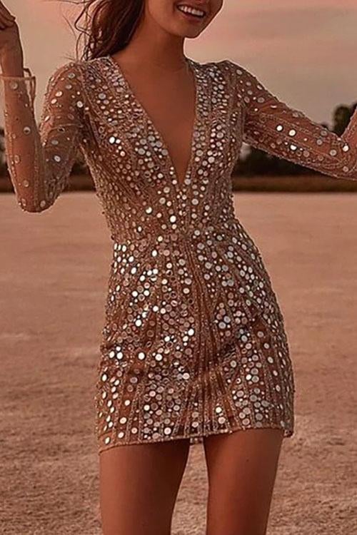 Sequin Wrap Mini Dress with V-Neck