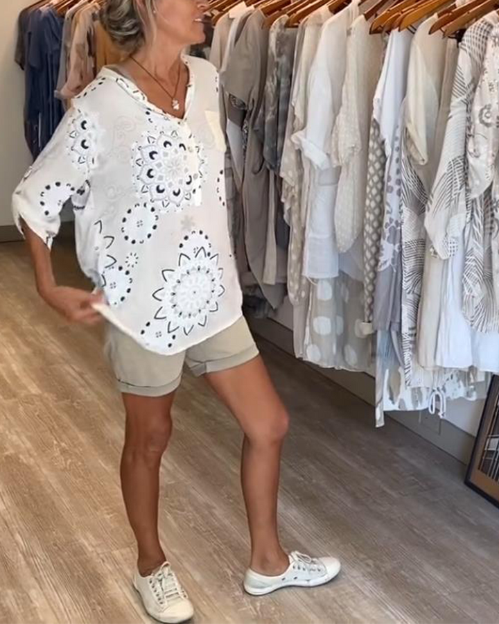 Versatile V-Neck Printed Blouse with Half Sleeves