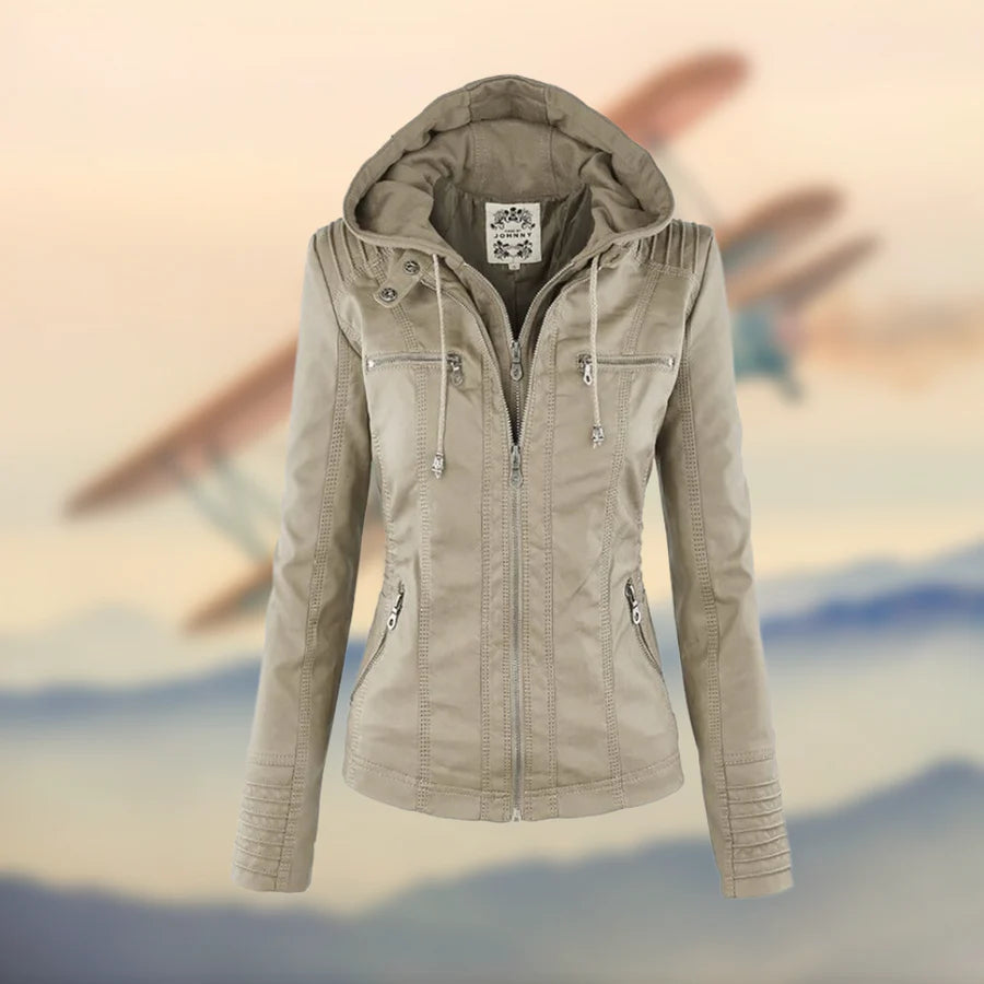 Chic and Multifunctional Hooded Leather Jacket