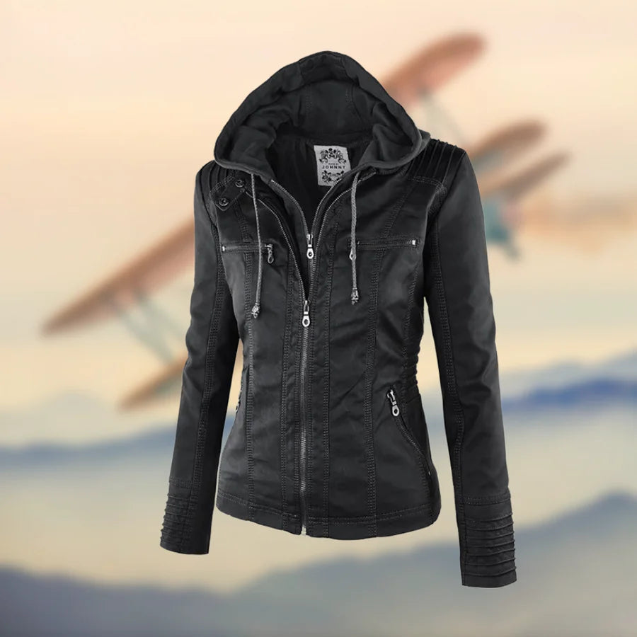 Chic and Multifunctional Hooded Leather Jacket