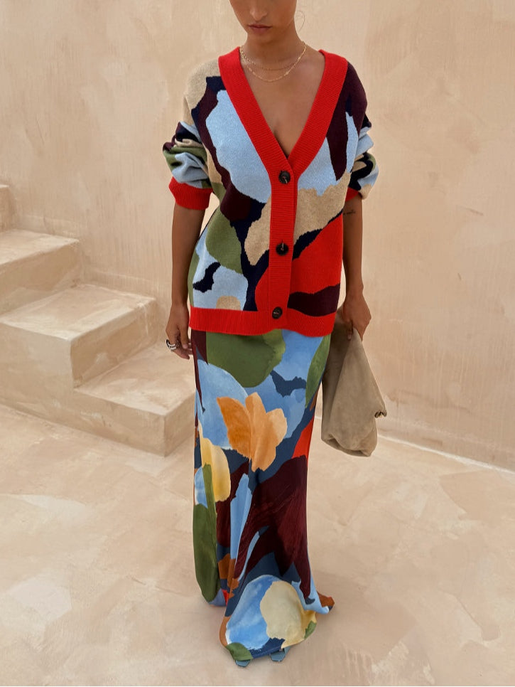 ז'קט סריג עם דוגמא גיאומטרית ועיצוב מופשט