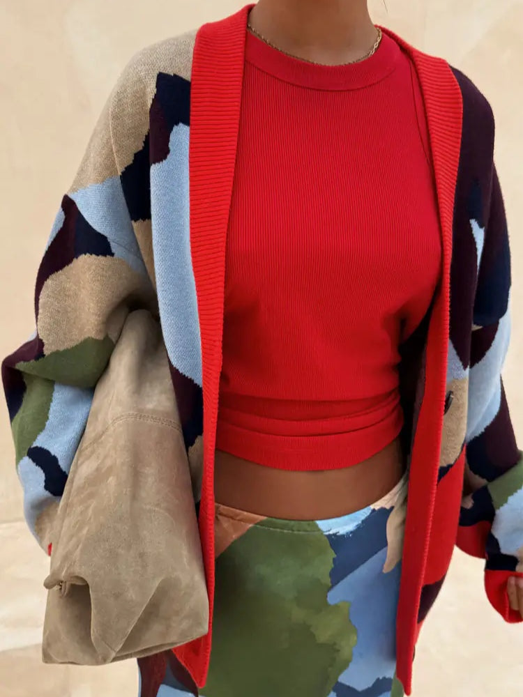 ז'קט סריג עם דוגמא גיאומטרית ועיצוב מופשט