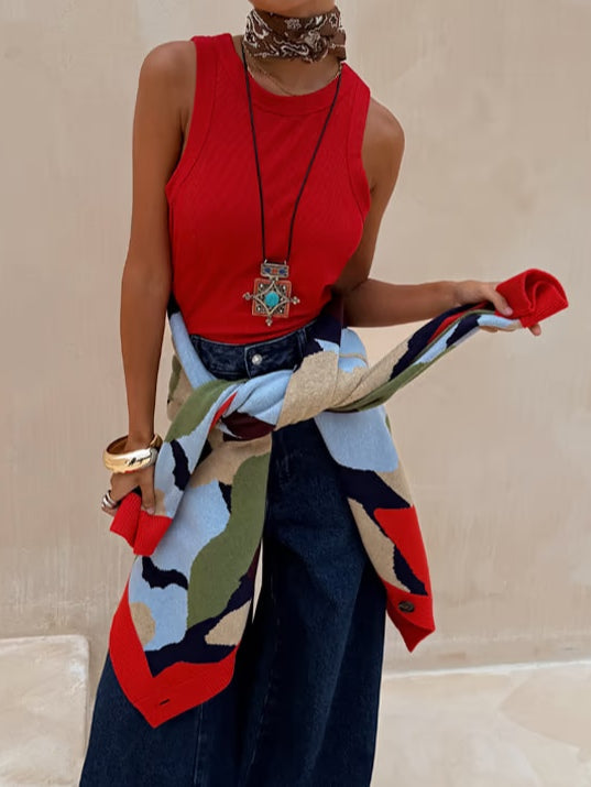 ז'קט סריג עם דוגמא גיאומטרית ועיצוב מופשט