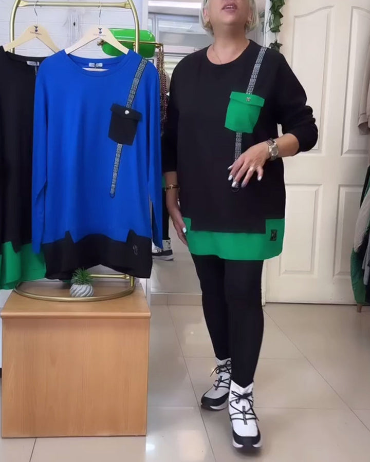 סווטשירט קז'ואל עם צווארון עגול וצבע ניגוד