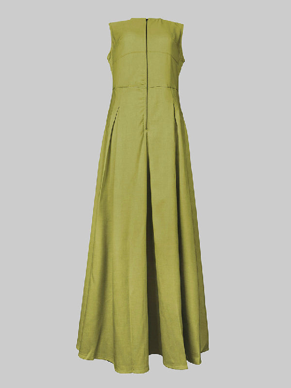 Maxi Dress with A-Line Loose Fit, Pleats, Pockets, Split Joint, and Zipper - Round Neck Design