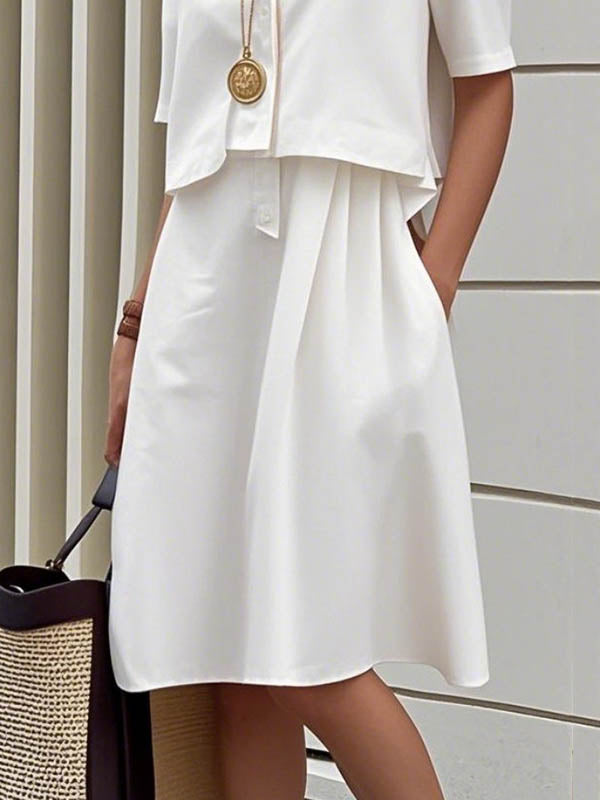 Buttoned Solid Color Midi Shirt Dress with False Two Half Sleeves