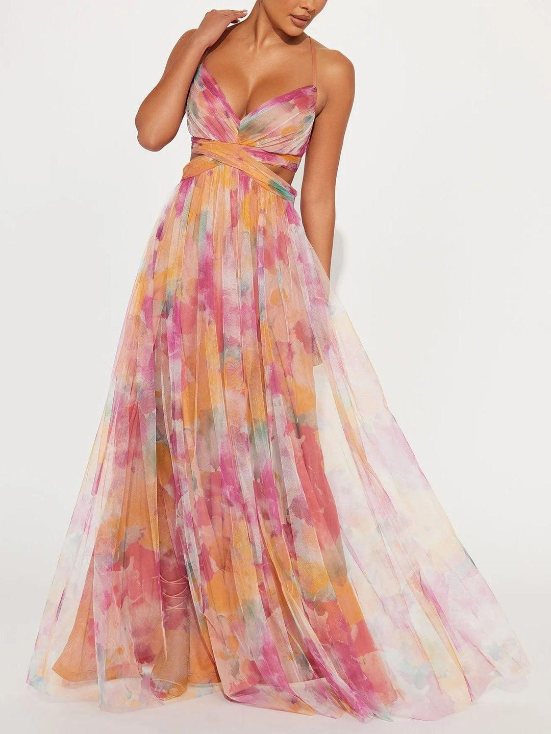 Chic V-Neck A-Line Maxi Dress with Elegant Floral Print