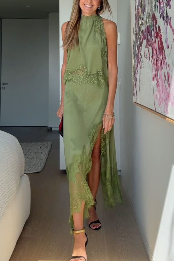 Lace-Trimmed Pleated Collar Top with Asymmetrical Slit Skirt Set