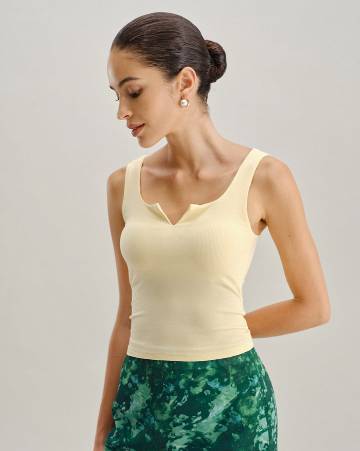 Gelbes V-Ausschnitt Tanktop aus Rippstrick