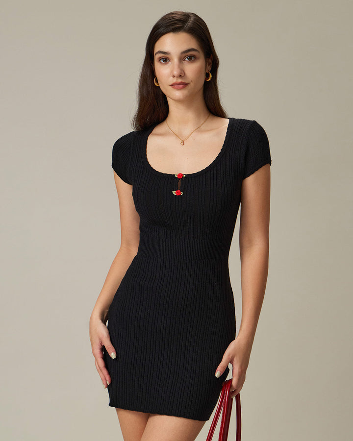 Schwarzes Ripp-Minikleid mit Rundhalsausschnitt
