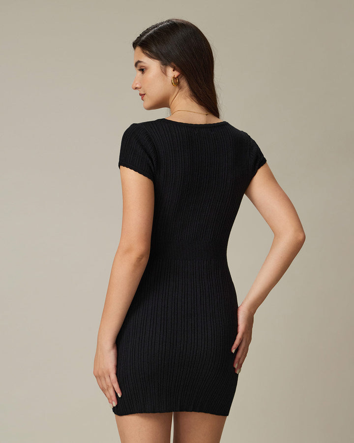 Schwarzes Ripp-Minikleid mit Rundhalsausschnitt