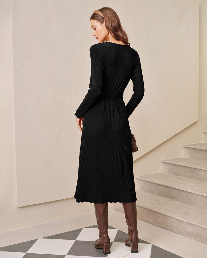 Schwarzes Strick-Midikleid mit V-Ausschnitt und Wickel-Detail