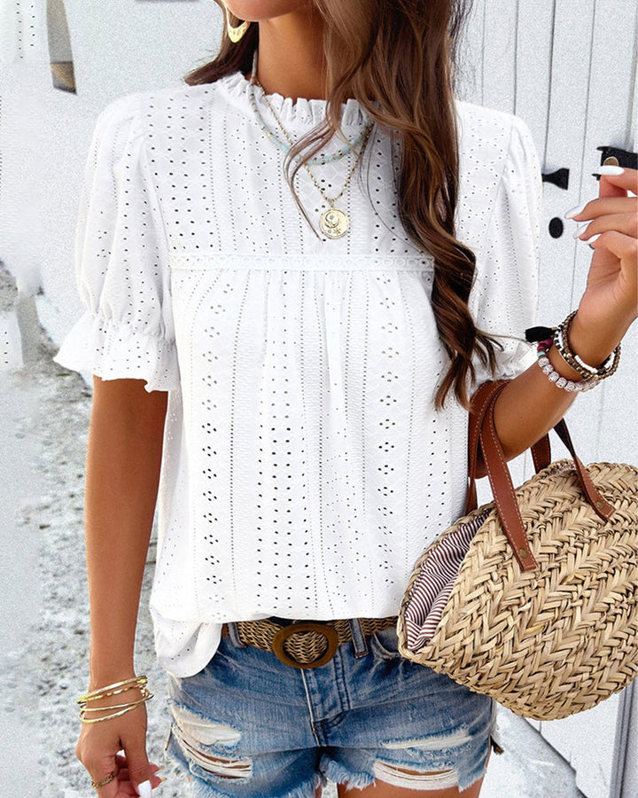 Short Sleeve Solid Color Top with Cutout Details