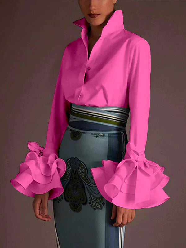 Solid Color Lapel Blouse with Flared Sleeves and Bow Detail
