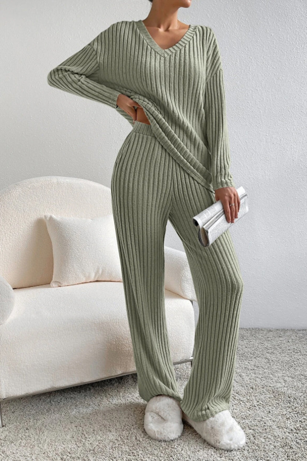 Ribbed V-Neck Top with Matching Pants Set