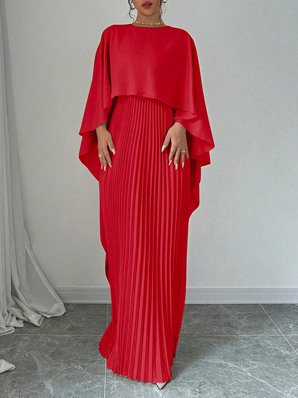 Maxi Evening Dress with Cape, High-Low Pleated Design, Solid Color, and Round Neck