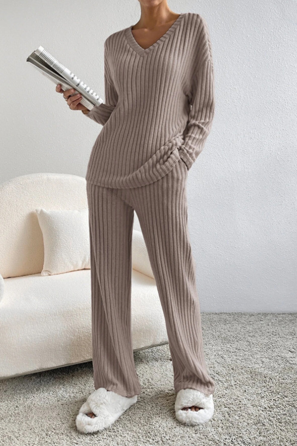 Ribbed V-Neck Top with Matching Pants Set