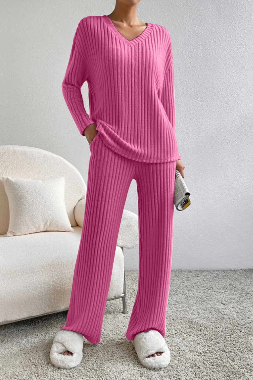 Ribbed V-Neck Top with Matching Pants Set