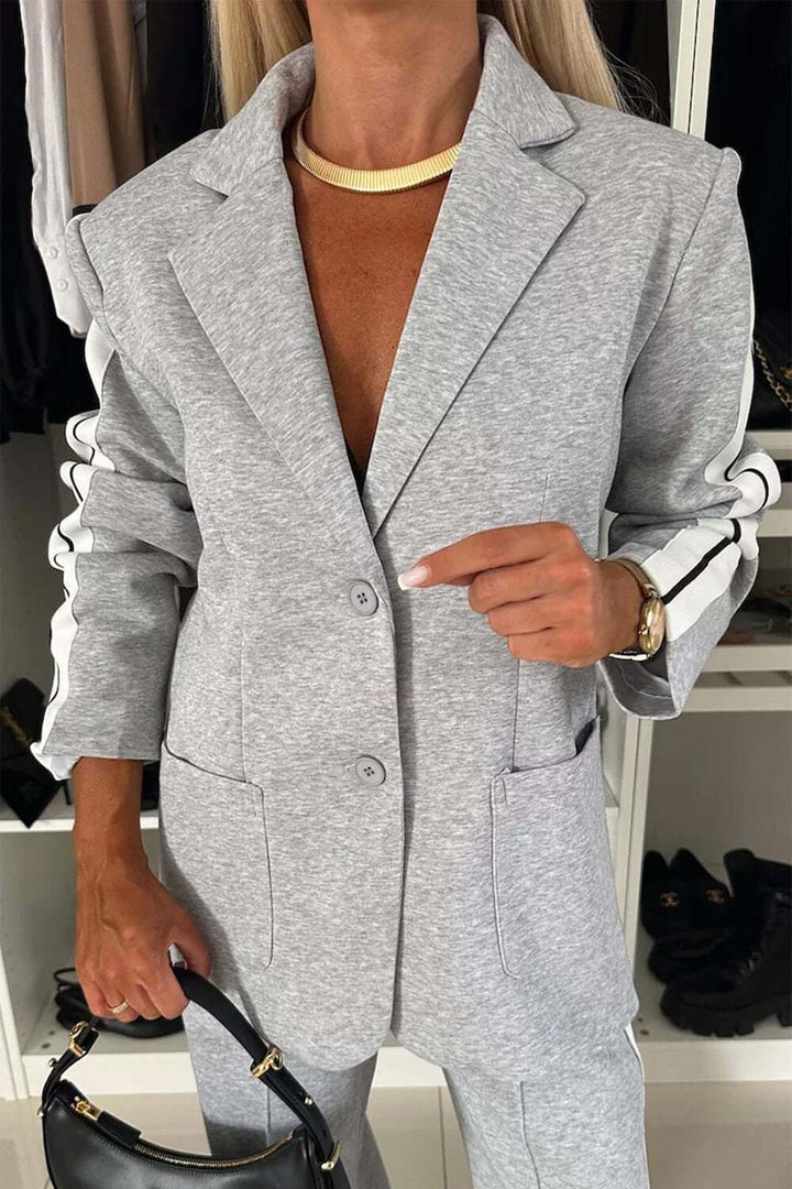 Two-Piece Set: Contrast Lapel Collar Top with Matching Pants
