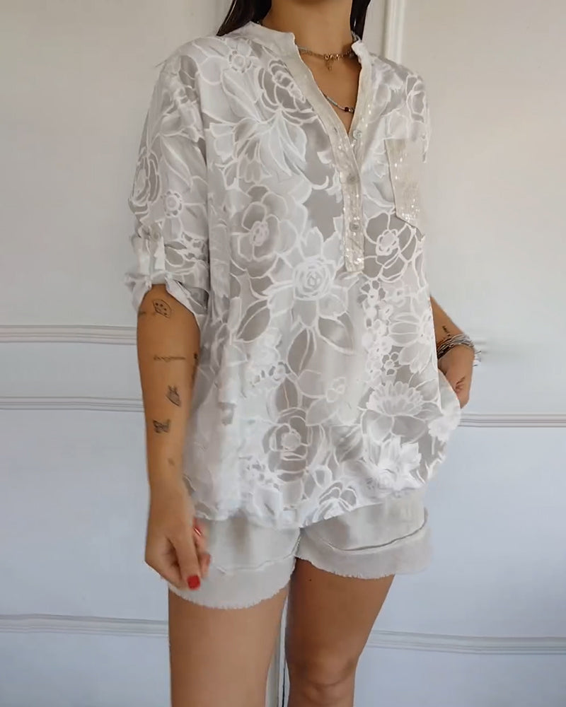 Printed V-Neck Button-Up Blouse