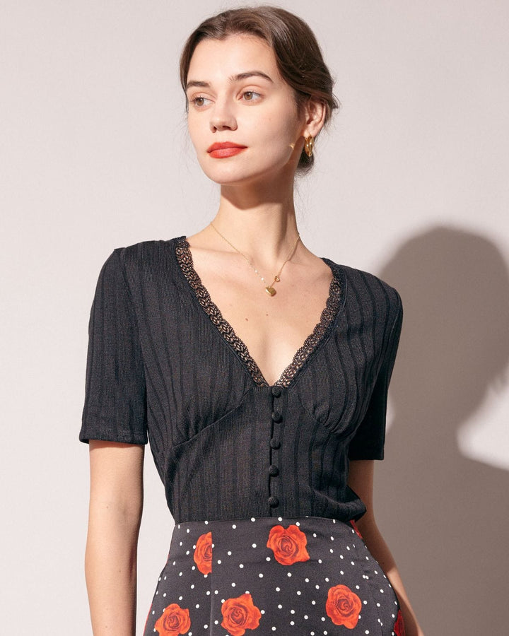Rippenshirt mit Spitzenakzenten
