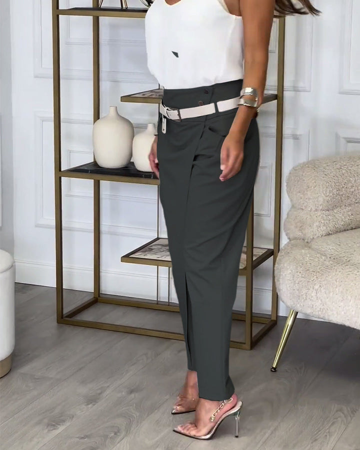 Trendy Solid Color Pants with Unique Patchwork and Pockets