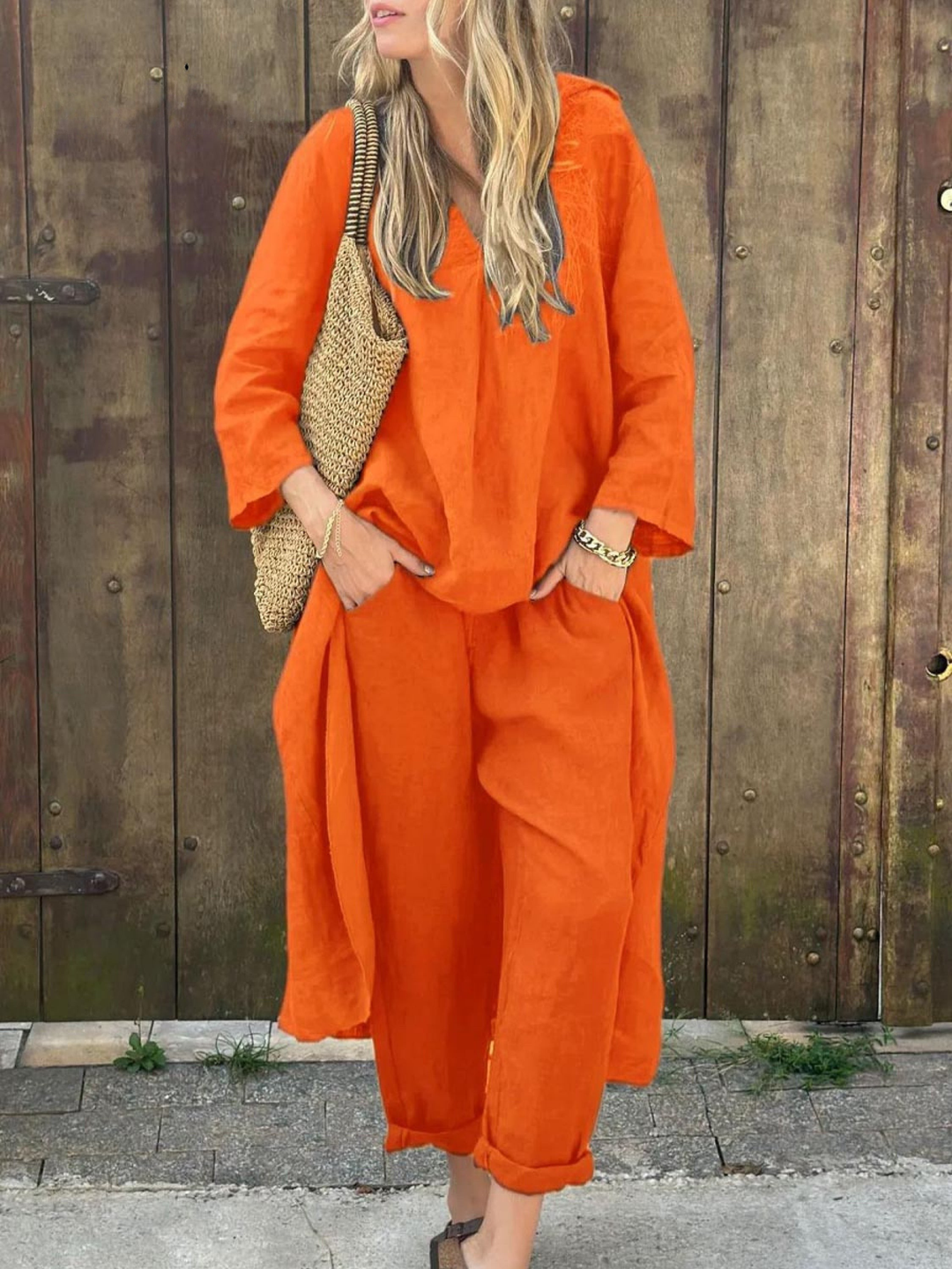 V-Neck Irregular Linen Top with High-Waisted Wide-Leg Pants Set featuring Pockets