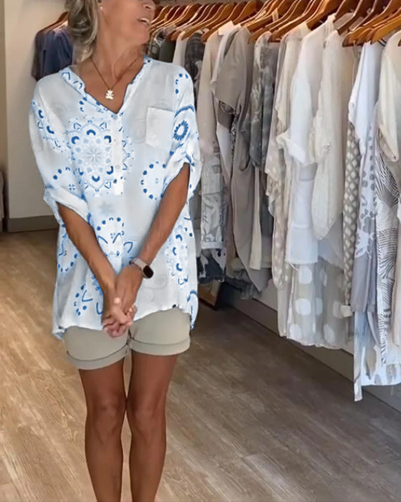 Versatile V-Neck Printed Blouse with Half Sleeves
