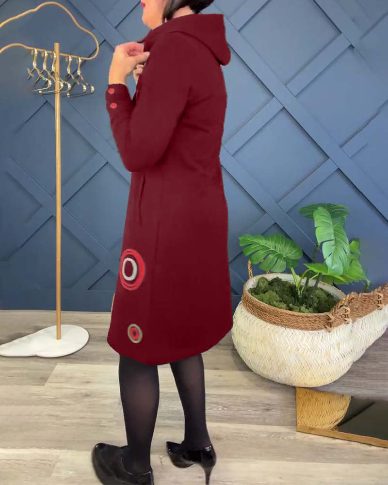 שמלה קז'ואלית עם קפוצ'ון, הדפס עיגול ורוכסן