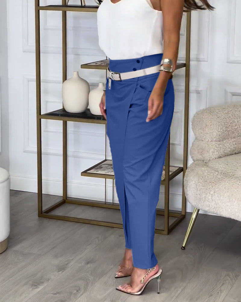 Trendy Solid Color Pants with Unique Patchwork and Pockets