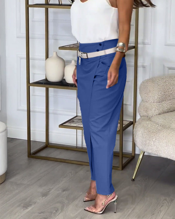 Trendy Solid Color Pants with Unique Patchwork and Pockets