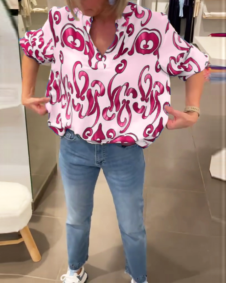 חולצה ארוכת שרוולים עם צווארון וי והדפסה אופנתית