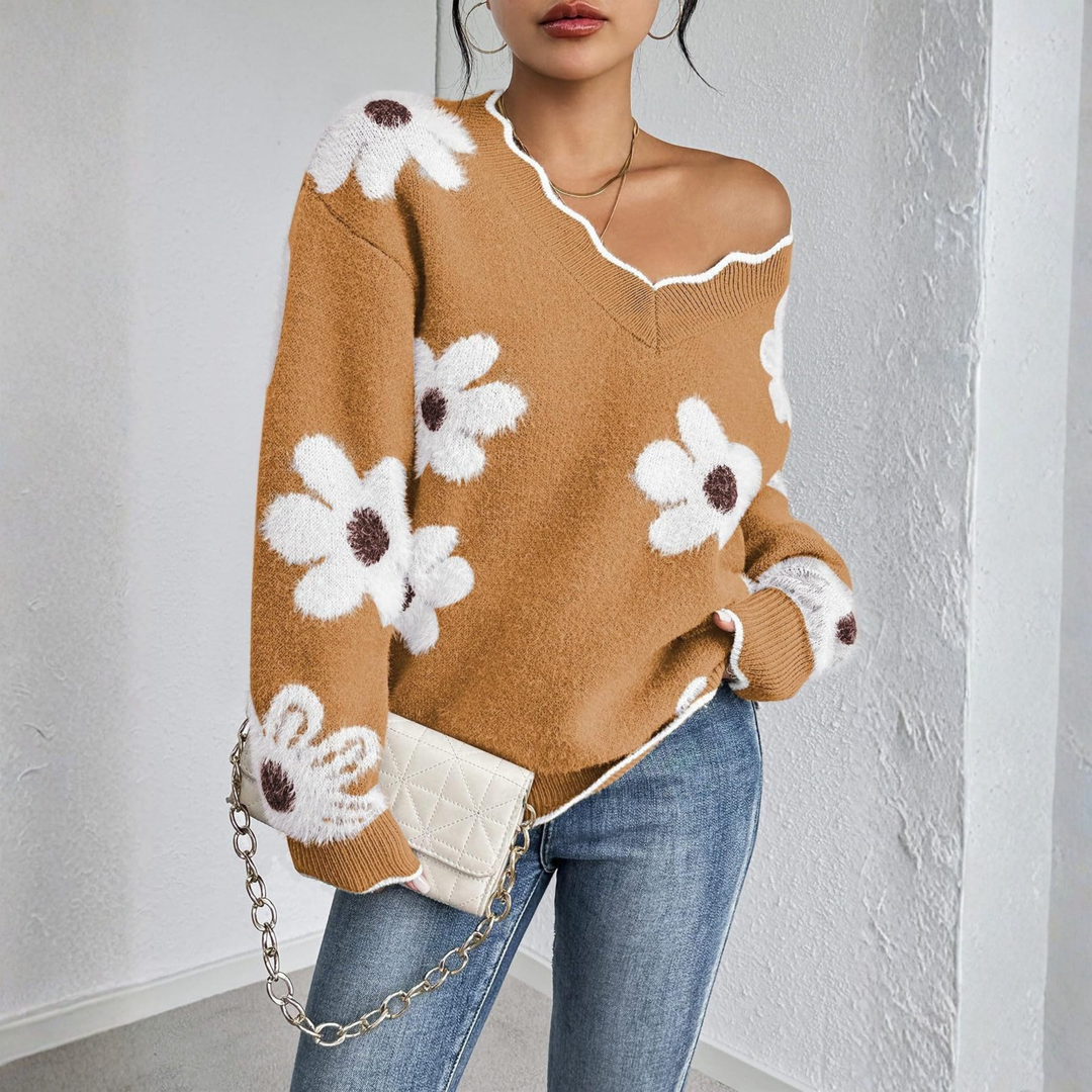 KYUPA™ - Relaxed V-Neck Pullover with Long Sleeves and Dropped Shoulders