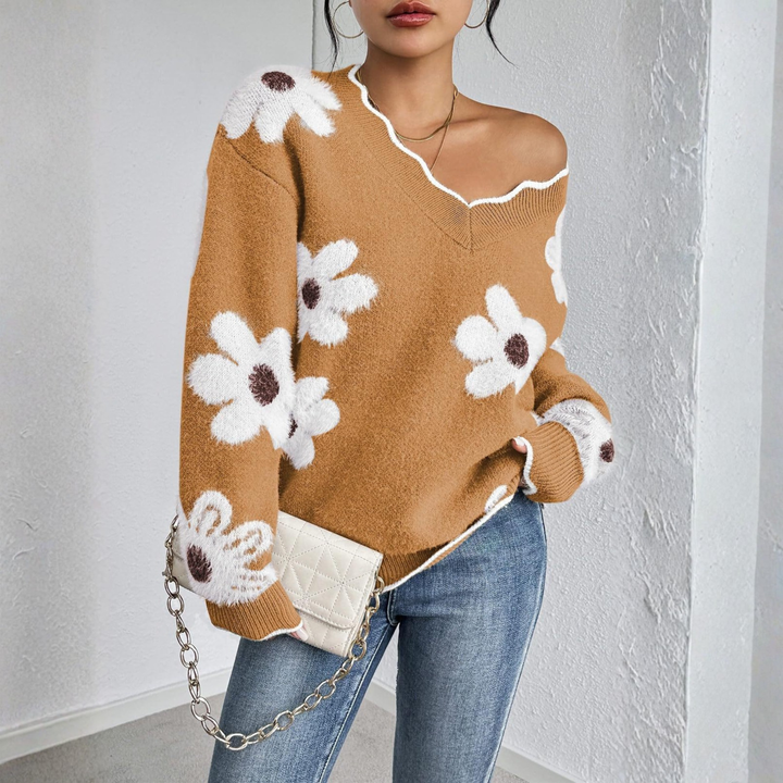 KYUPA™ - Relaxed V-Neck Pullover with Long Sleeves and Dropped Shoulders