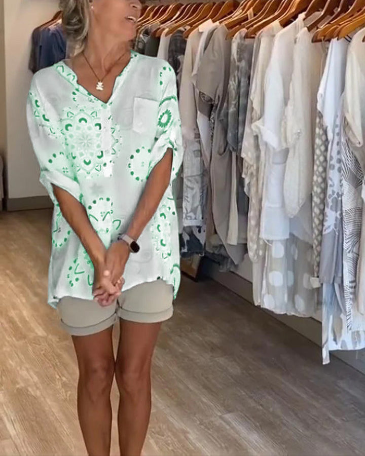 Versatile V-Neck Printed Blouse with Half Sleeves
