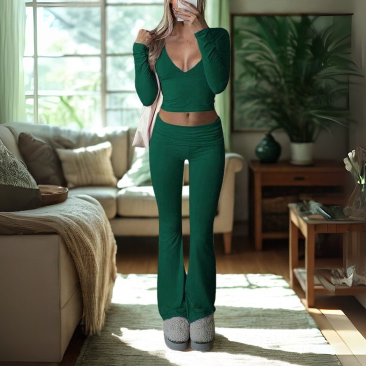 SINA™ - Relaxed V-Neck Long Sleeve Crop Top and Trousers Set