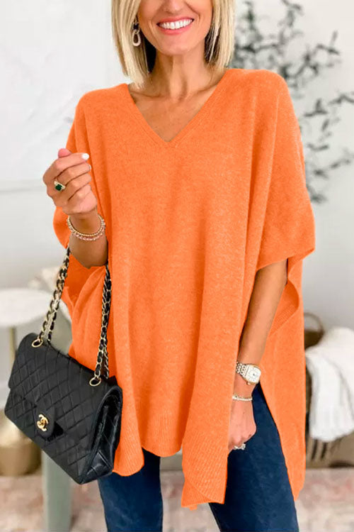 Stylish V-Neck Loose-Fit Solid Poncho Sweater