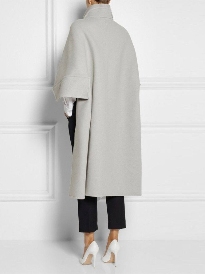 Relaxed Fit High-Low Solid Color Cape Jacket with Stand Collar