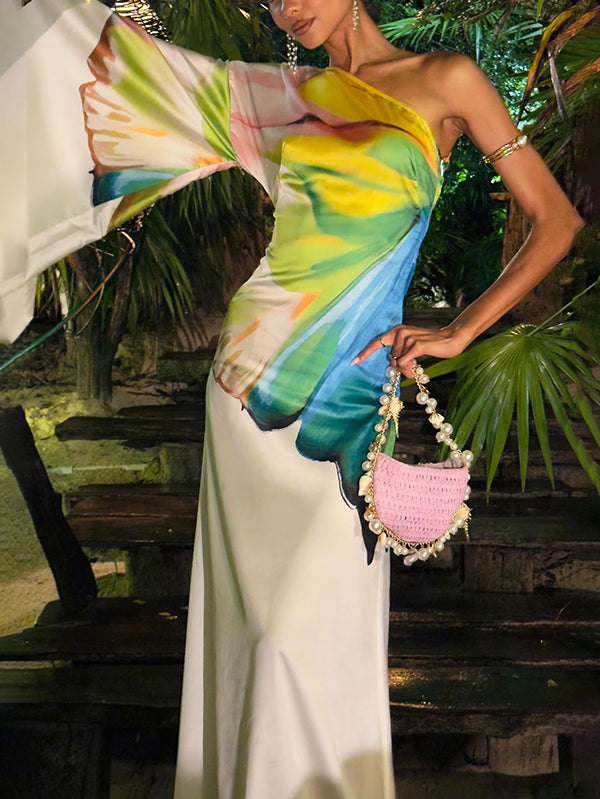 One-Shoulder Maxi Dress with Long Sleeves and Asymmetric Flower Print