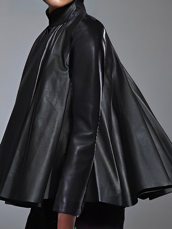 Solid Color A-Line Leather Top with Long Sleeves and Flared Hem